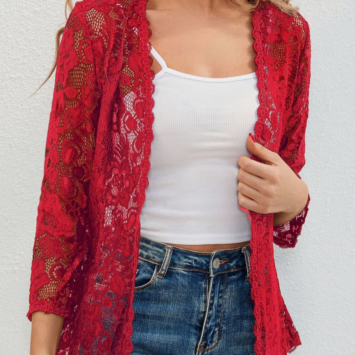 Women's Floral Lace Open-Front Cardigan Three-Quarter Sleeve Stylish Layering