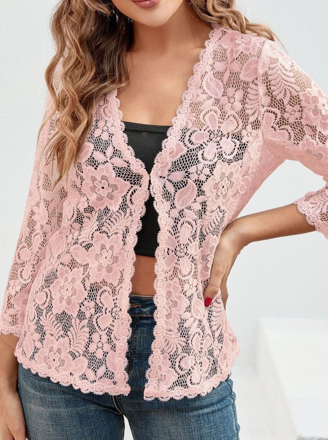 Women's Floral Lace Open-Front Cardigan Three-Quarter Sleeve Stylish Layering
