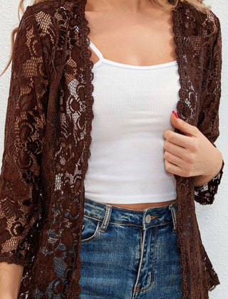 Women's Floral Lace Open-Front Cardigan Three-Quarter Sleeve Stylish Layering