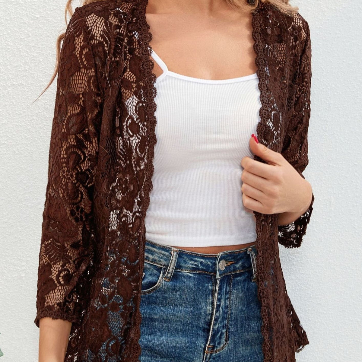 Women's Floral Lace Open-Front Cardigan Three-Quarter Sleeve Stylish Layering
