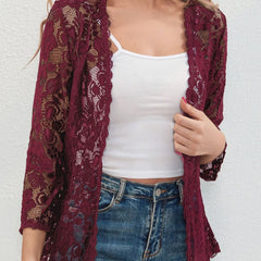 Women's Floral Lace Open-Front Cardigan Three-Quarter Sleeve Stylish Layering
