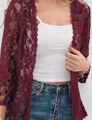 Women's Floral Lace Open-Front Cardigan Three-Quarter Sleeve Stylish Layering
