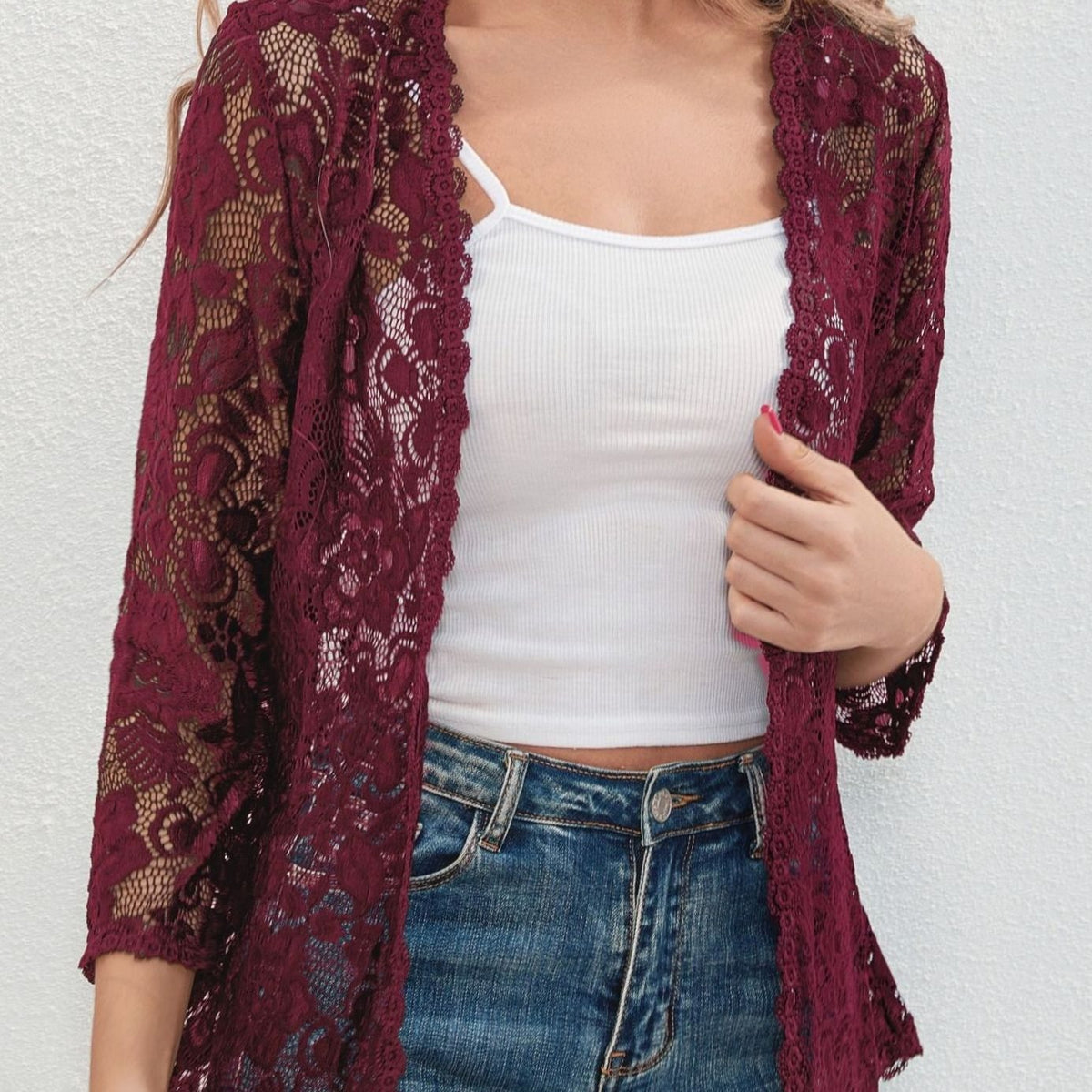 Women's Floral Lace Open-Front Cardigan Three-Quarter Sleeve Stylish Layering