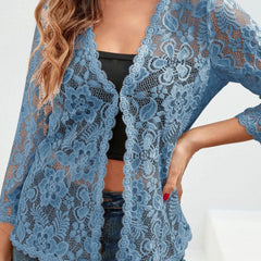 Women's Floral Lace Open-Front Cardigan Three-Quarter Sleeve Stylish Layering