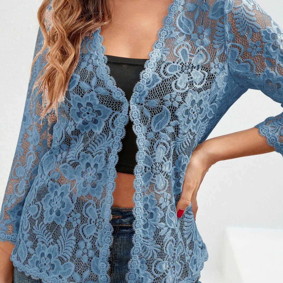 Women's Floral Lace Open-Front Cardigan Three-Quarter Sleeve Stylish Layering