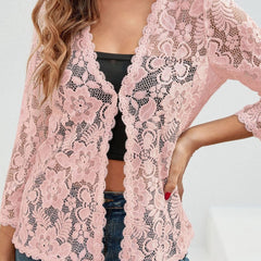 Women's Floral Lace Open-Front Cardigan Three-Quarter Sleeve Stylish Layering