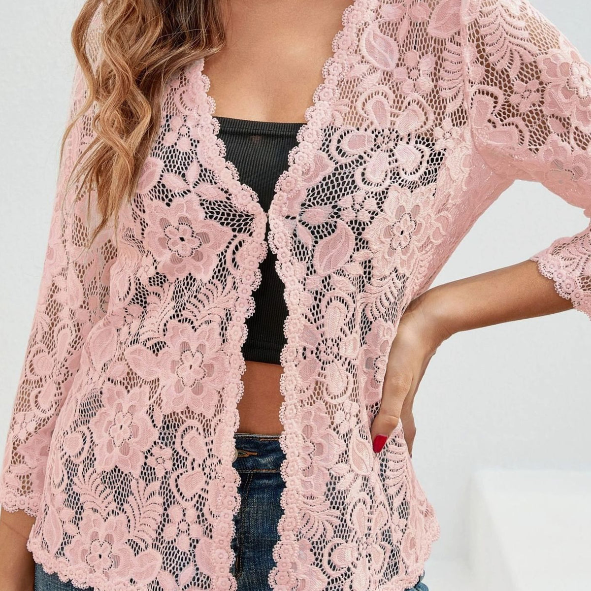 Women's Floral Lace Open-Front Cardigan Three-Quarter Sleeve Stylish Layering