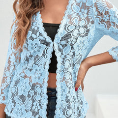 Women's Floral Lace Open-Front Cardigan Three-Quarter Sleeve Stylish Layering