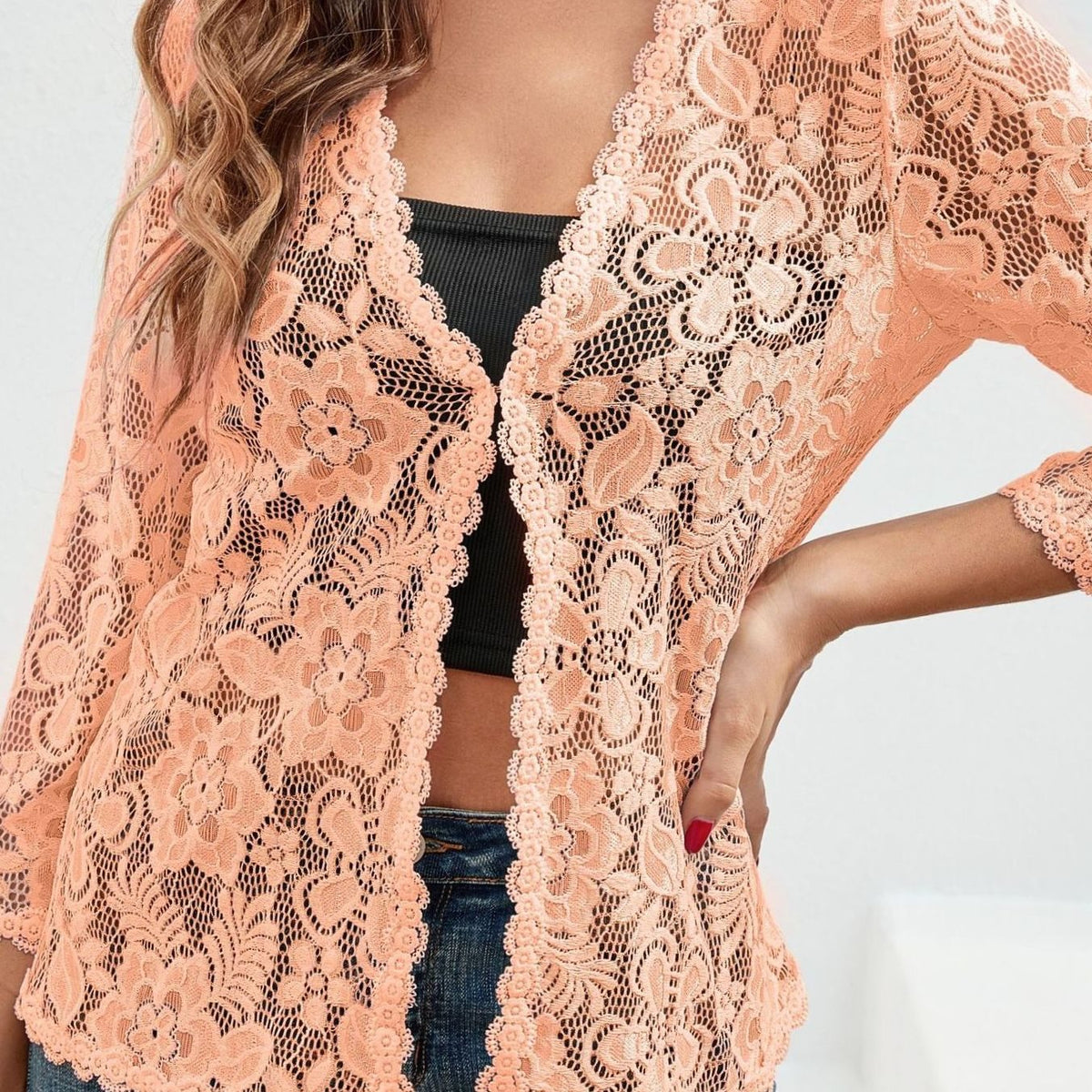 Women's Floral Lace Open-Front Cardigan Three-Quarter Sleeve Stylish Layering