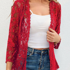 Women's Floral Lace Open-Front Cardigan Three-Quarter Sleeve Stylish Layering