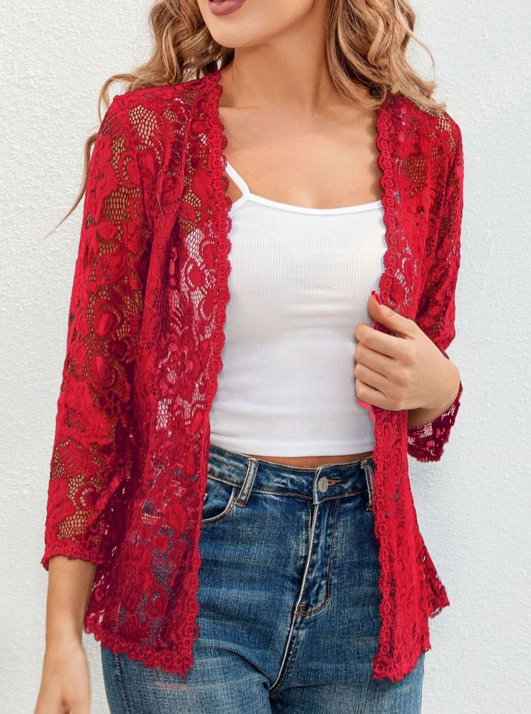 Women's Floral Lace Open-Front Cardigan Three-Quarter Sleeve Stylish Layering