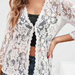 Women's Floral Lace Open-Front Cardigan Three-Quarter Sleeve Stylish Layering