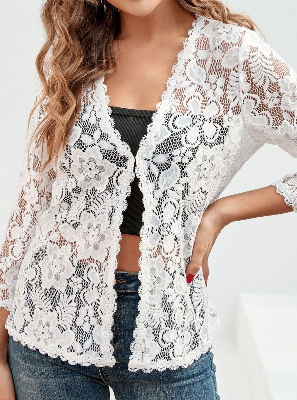 Women's Floral Lace Open-Front Cardigan Three-Quarter Sleeve Stylish Layering