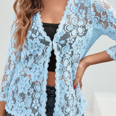 Women's Floral Lace Open-Front Cardigan Three-Quarter Sleeve Stylish Layering