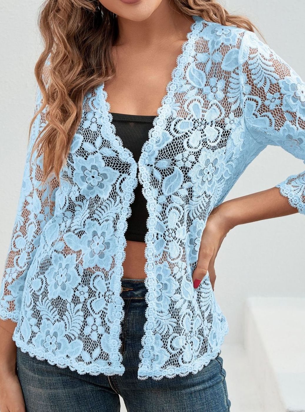 Women's Floral Lace Open-Front Cardigan Three-Quarter Sleeve Stylish Layering