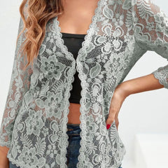 Women's Floral Lace Open-Front Cardigan Three-Quarter Sleeve Stylish Layering