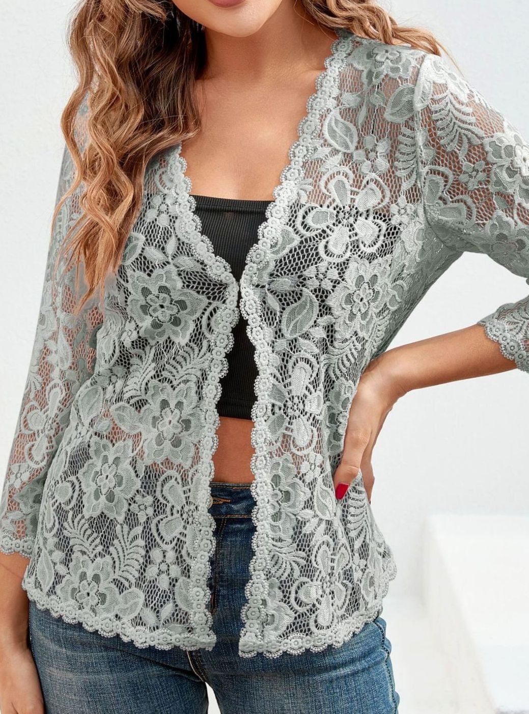 Women's Floral Lace Open-Front Cardigan Three-Quarter Sleeve Stylish Layering