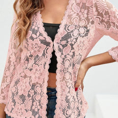 Women's Floral Lace Open-Front Cardigan Three-Quarter Sleeve Stylish Layering