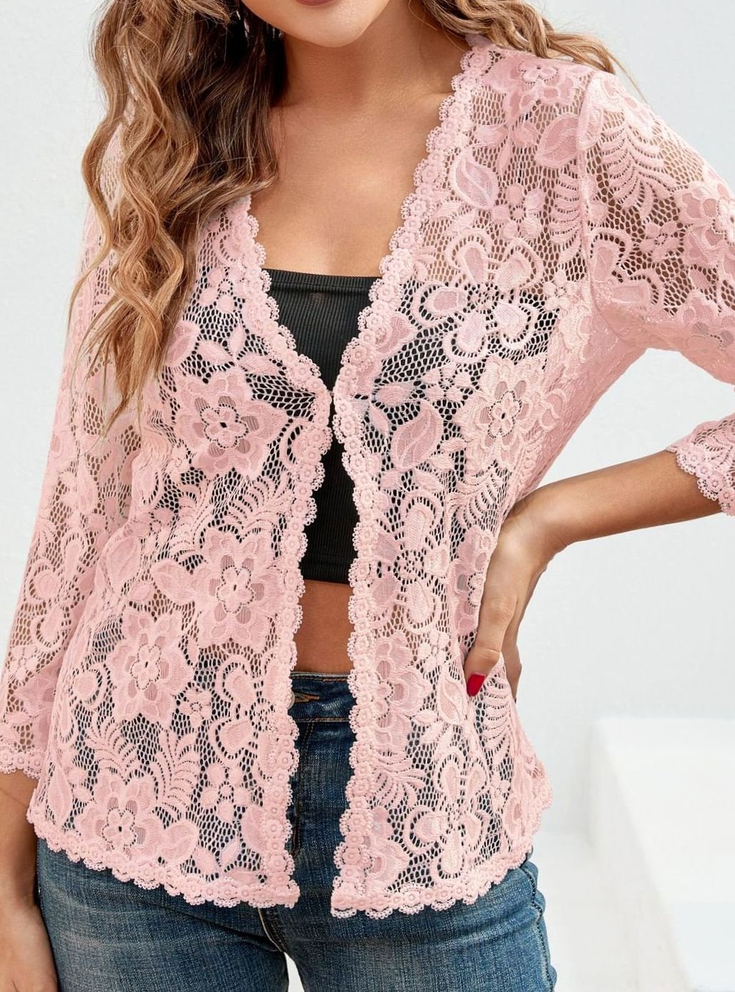 Women's Floral Lace Open-Front Cardigan Three-Quarter Sleeve Stylish Layering