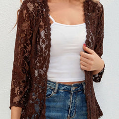 Women's Floral Lace Open-Front Cardigan Three-Quarter Sleeve Stylish Layering