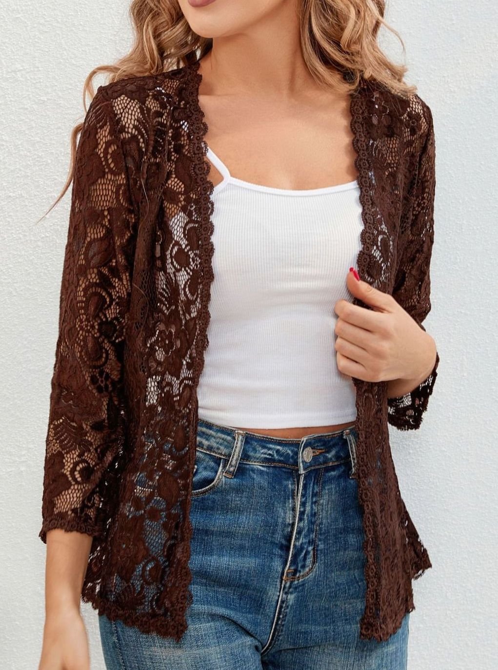 Women's Floral Lace Open-Front Cardigan Three-Quarter Sleeve Stylish Layering