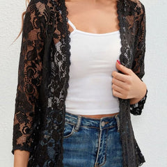 Women's Floral Lace Open-Front Cardigan Three-Quarter Sleeve Stylish Layering
