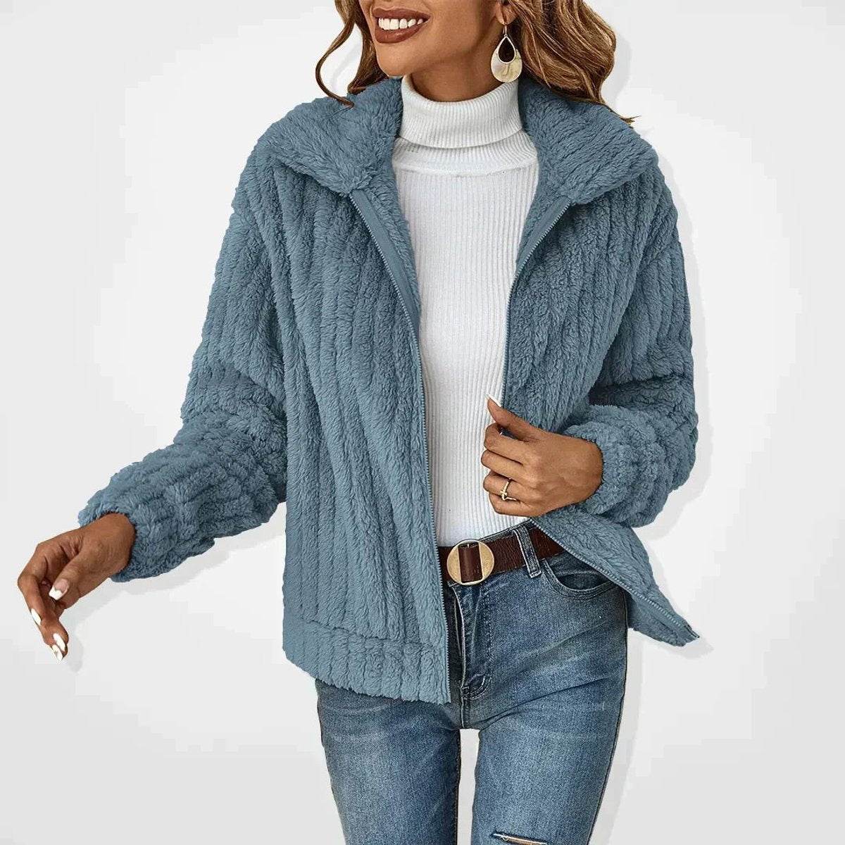 Women's Fluffy Plush Zip-Up Cardigan Jacket Cozy Casual Layering Everyday