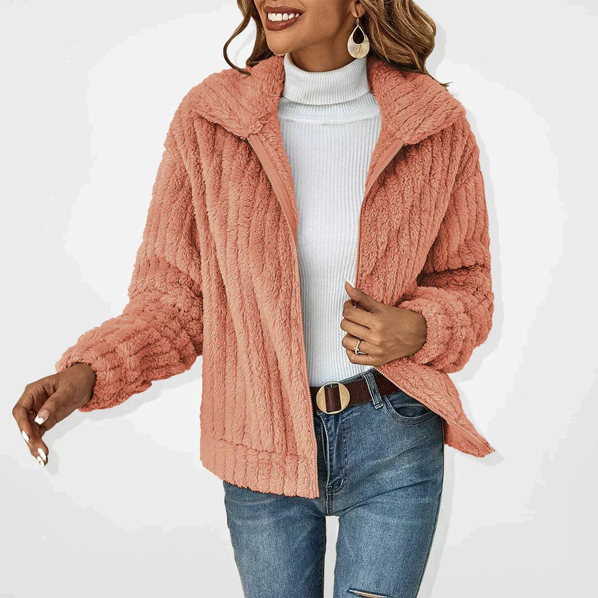 Women's Fluffy Plush Zip-Up Cardigan Jacket Cozy Casual Layering Everyday
