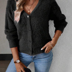 Women's Fluffy V-Neck Cardigan Button-Front Cozy Layering Casual Everyday