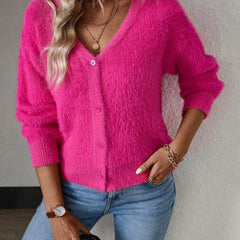 Women's Fluffy V-Neck Cardigan Button-Front Cozy Layering Casual Everyday