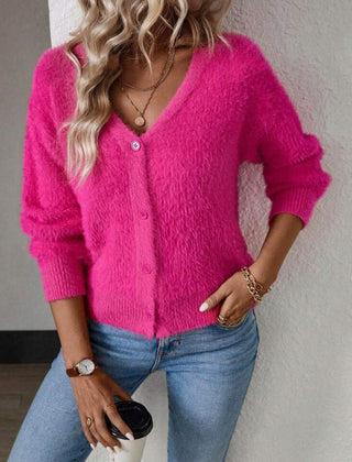 Women's Fluffy V-Neck Cardigan Button-Front Cozy Layering Casual Everyday