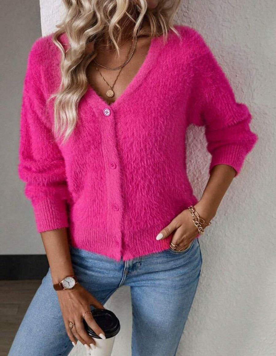 Women's Fluffy V-Neck Cardigan Button-Front Cozy Layering Casual Everyday