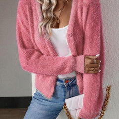 Women's Fluffy V-Neck Cardigan Button-Front Cozy Layering Casual Everyday