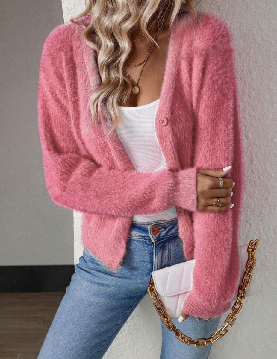 Women's Fluffy V-Neck Cardigan Button-Front Cozy Layering Casual Everyday