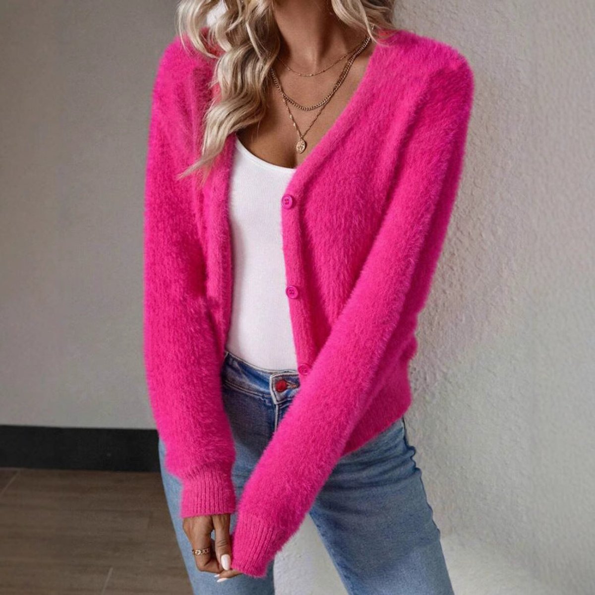 Women's Fluffy V-Neck Cardigan Button-Front Cozy Layering Casual Everyday