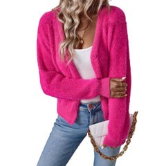 Women's Fluffy V-Neck Cardigan Button-Front Cozy Layering Casual Everyday