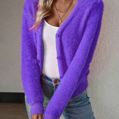 Women's Fluffy V-Neck Cardigan Button-Front Cozy Layering Casual Everyday