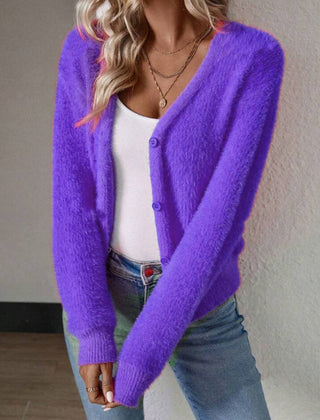 Women's Fluffy V-Neck Cardigan Button-Front Cozy Layering Casual Everyday