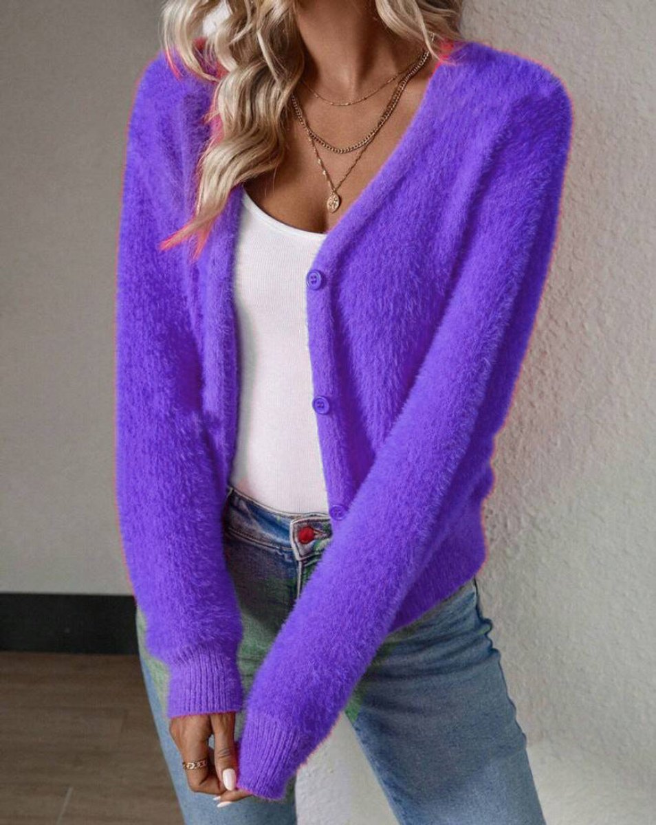 Women's Fluffy V-Neck Cardigan Button-Front Cozy Layering Casual Everyday