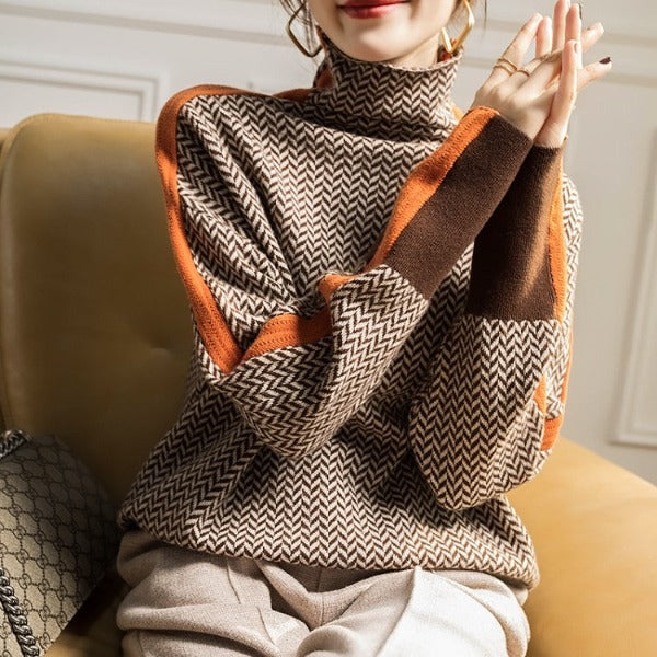 Women's Striped Knit Turtleneck Sweater Fitted Long Sleeve Casual Everyday