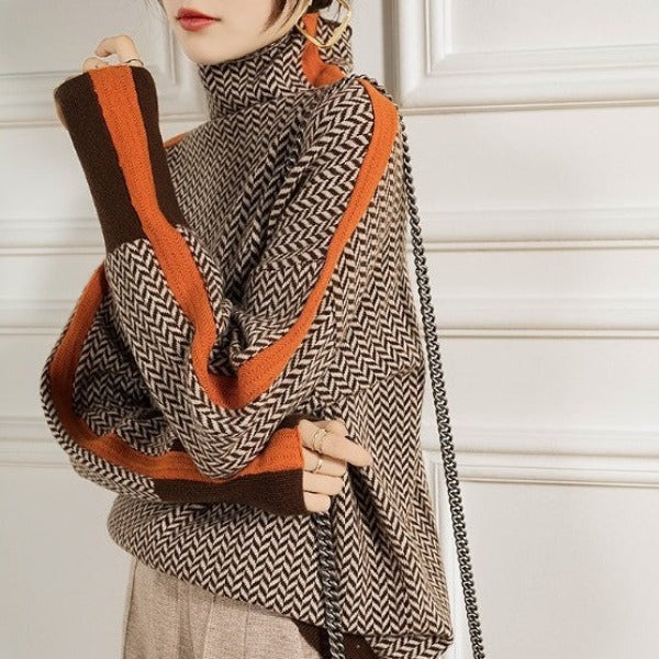 Women's Striped Knit Turtleneck Sweater Fitted Long Sleeve Casual Everyday