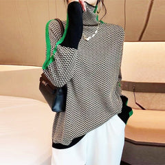 Women's Striped Knit Turtleneck Sweater Fitted Long Sleeve Casual Everyday