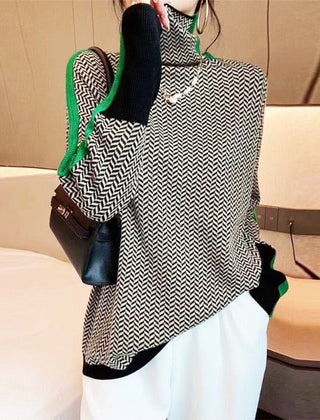Women's Striped Knit Turtleneck Sweater Fitted Long Sleeve Casual Everyday