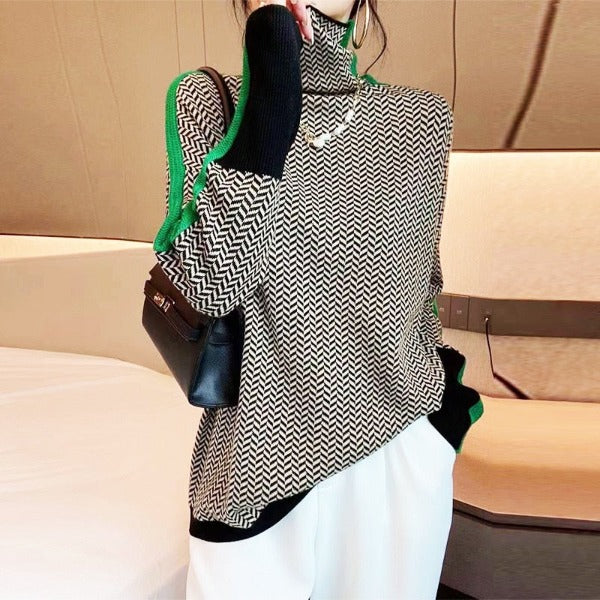 Women's Striped Knit Turtleneck Sweater Fitted Long Sleeve Casual Everyday