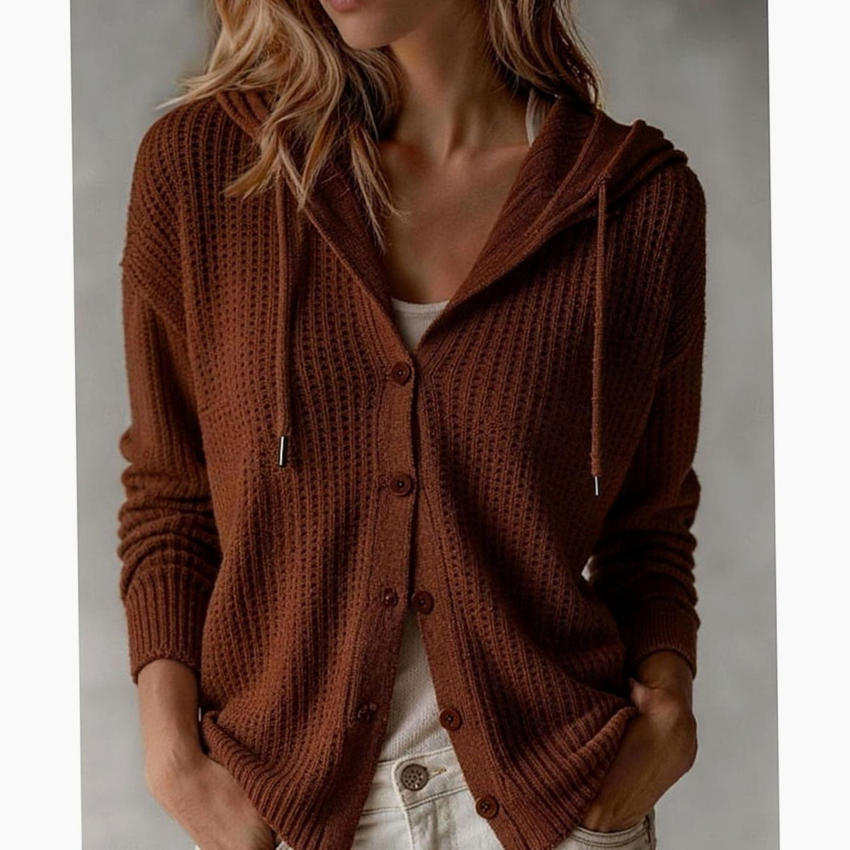 Women's Hooded Cardigan Waffle-Knit Button-Front Cozy Layering Casual