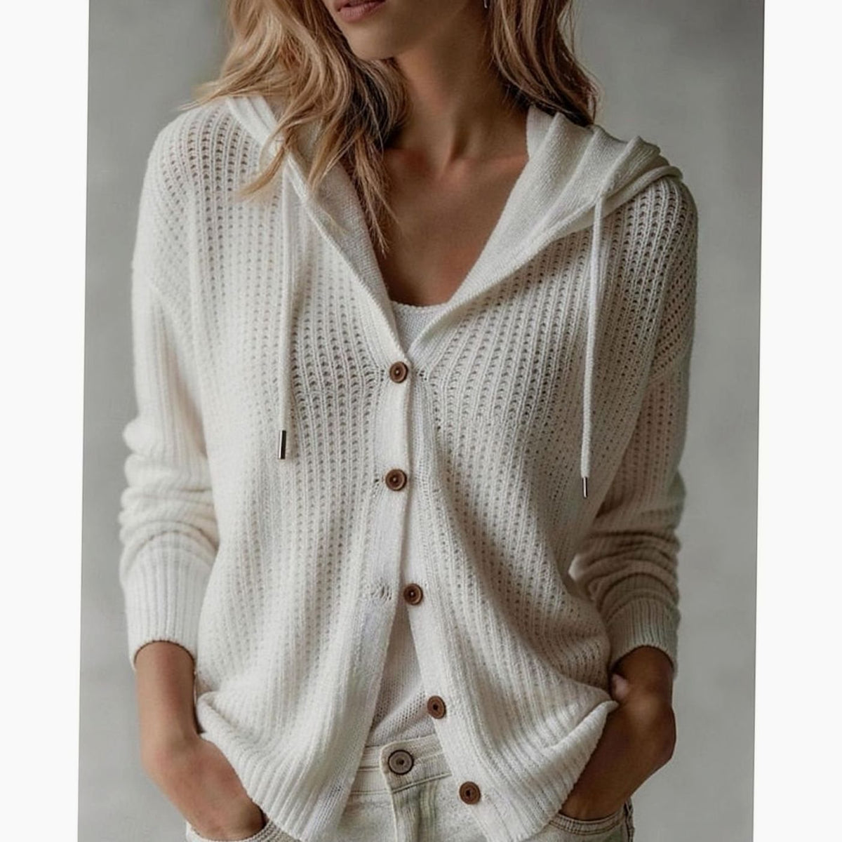 Women's Hooded Cardigan Waffle-Knit Button-Front Cozy Layering Casual