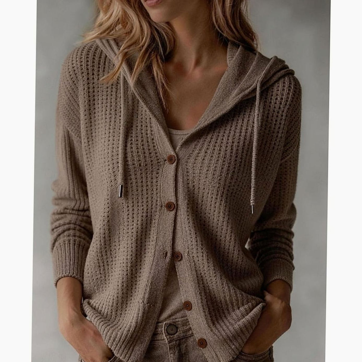 Women's Hooded Cardigan Waffle-Knit Button-Front Cozy Layering Casual