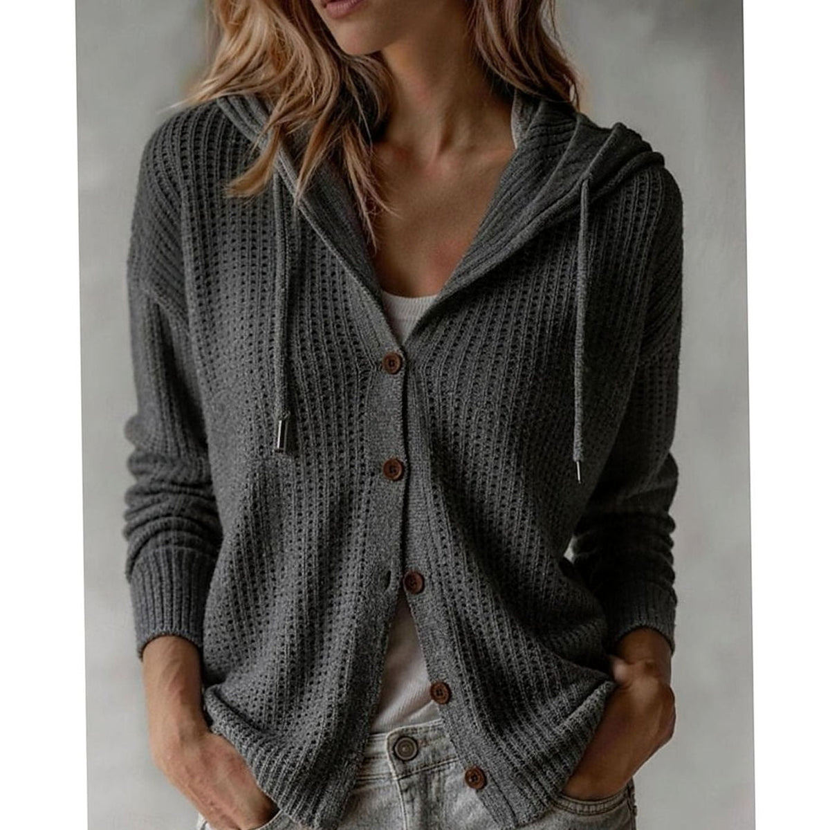 Women's Hooded Cardigan Waffle-Knit Button-Front Cozy Layering Casual