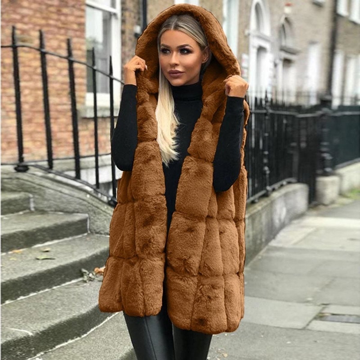 Women's Hooded Quilted Gilet Vest Long Length Stylish Layering Outerwear