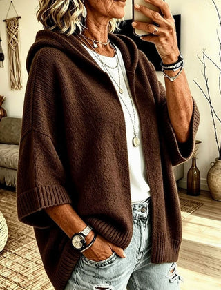 Women's Hooded Open-Front Cardigan Relaxed Fit Knit Layering Casual
